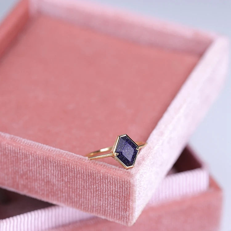 925 Sterling Silver 14K Gold Plated Gemstone Series Christmas Limited Edition Geometric Vintage Blue Sandstone Ring
