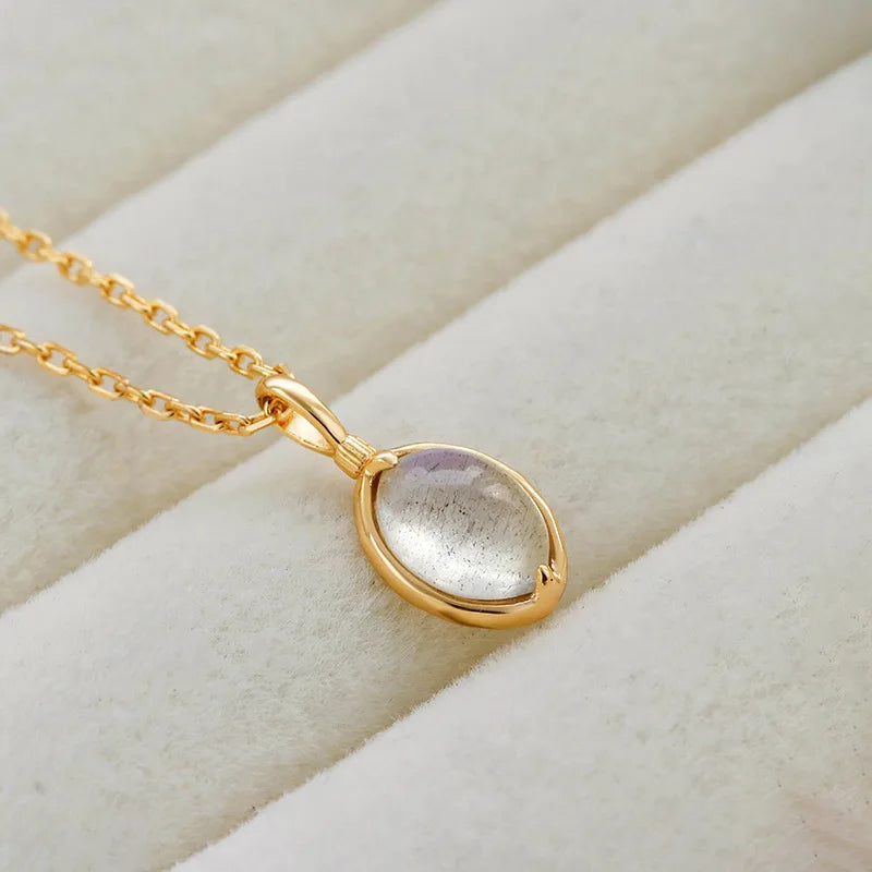 2023New Simple Single Gem Natural Labradorite Japanese Retro StyleS925Silver Plating14KGold Necklace