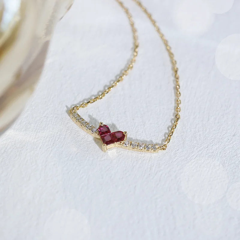Emotional Factory 925 Sterling Silver 14K Gold Plated Heart Red Gemstone Handmade Borderless Inlay Zircon Necklace