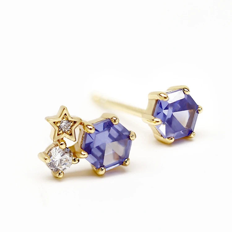 925 Sterling Silver 14K Gold Plated Gemstone Raw Hand Set Blue Topaz Natural Moonstone Tanzanite Zircon Star Stud Earrings