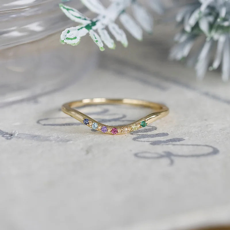 Emotional Factory 925 Sterling Silver 14K Gold Plated Gemstone Rainbow Thin Line Niche Design Colored Zircon Ring