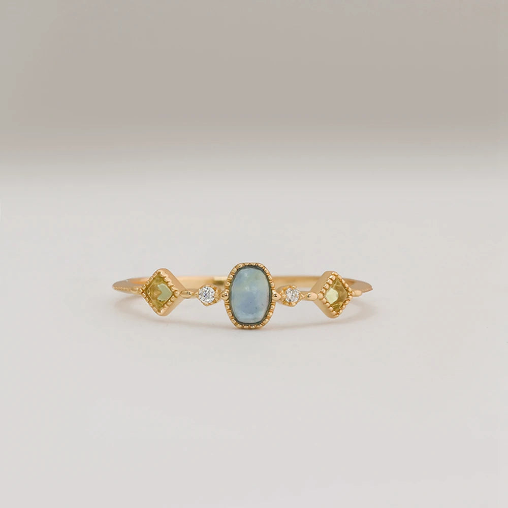 Emotional Factory Jewelry 925 Sterling Silver 14K Gold Plated Gemstone Series 3 Stone Rings Green Peridot Aquamarine Ring