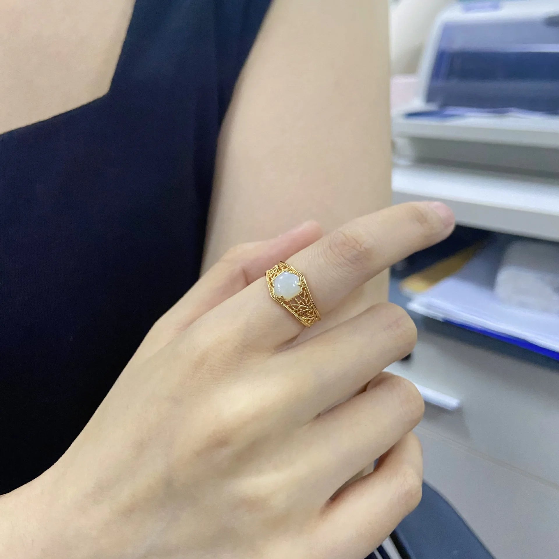 Piedras Pata  Artesanal Joyeria Por Mayor Retro Hollow Carved RingS925Silver Plating14KKim Hetian Jade Ring