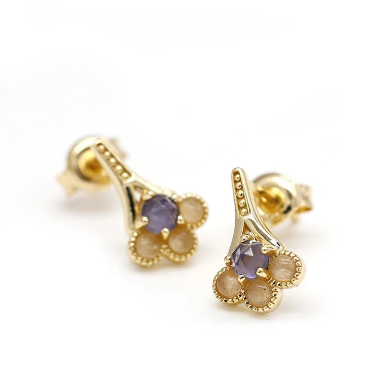 925 Sterling Silver 14K Gold Plated Gemstone Drop Orange Moonstone Natural Cordierite Earrings