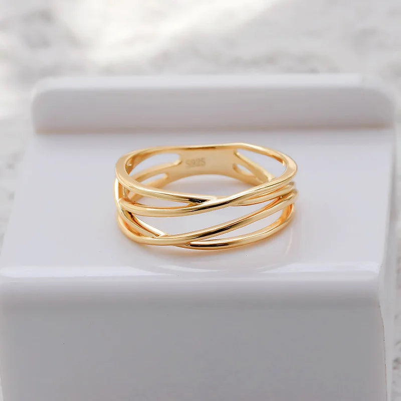 Japanese Minority Versatile S925Silver Plating14KGold Irregular Curve element Gold Ring