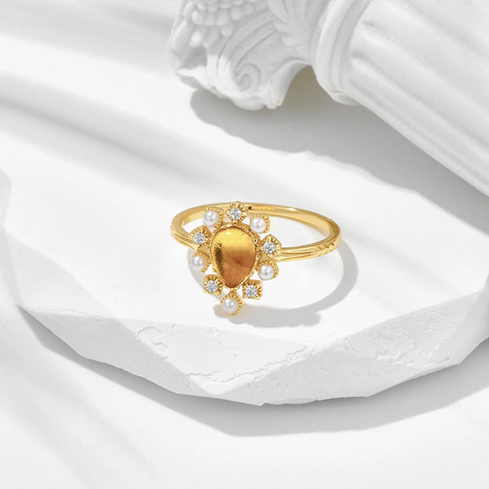 Emotional Factory 925 Sterling Silver 14K Gold Plated Gemstones Pearl Zircon Flowers Amber Ring