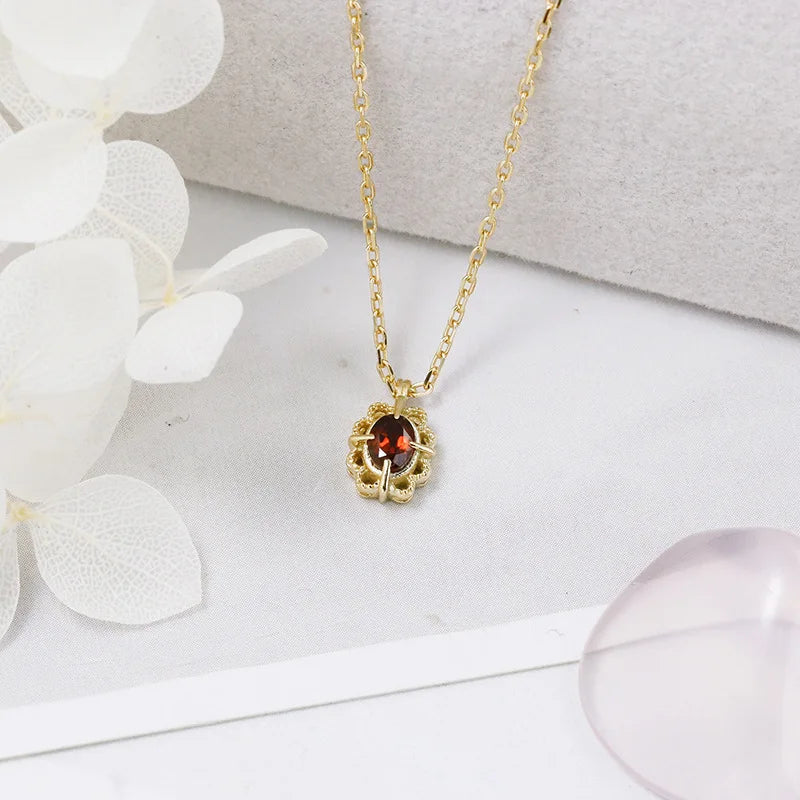 Emotional Factory 925 Sterling Silver 14K Gold Plated Gemstone Vintage Picture Frame Hollow Lace Natural Garnet Necklace
