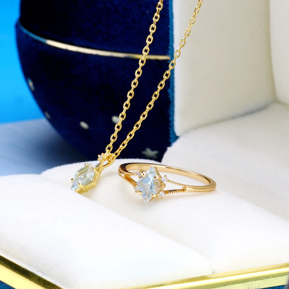 925 Sterling Silver 14K Gold Plated Gemstone Geometrical Simple Diamond Topaz Ring