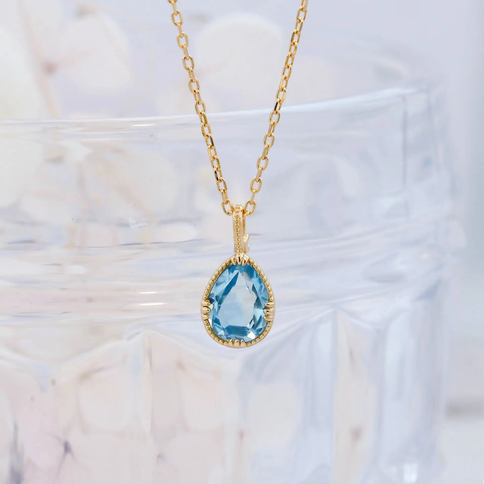 Retro Pattern Water Drop Shape Sky Blue Topaz Necklace