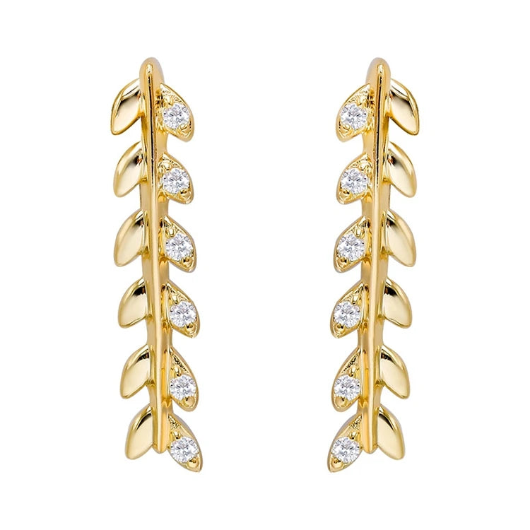 Emotional Factory 925 Sterling Silver 14K Gold Plated Cz Zircon Strip Long Light Luxury Leaf Design Earrings