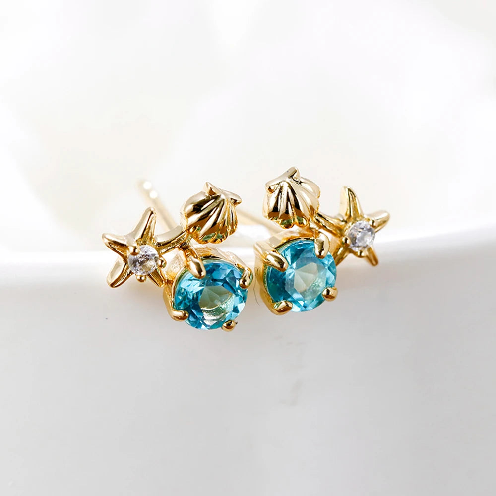Emotional Factory 925 Sterling Silver 14K Gold Plated Gemstone Summer Star Shell Apatite Stud Earrings