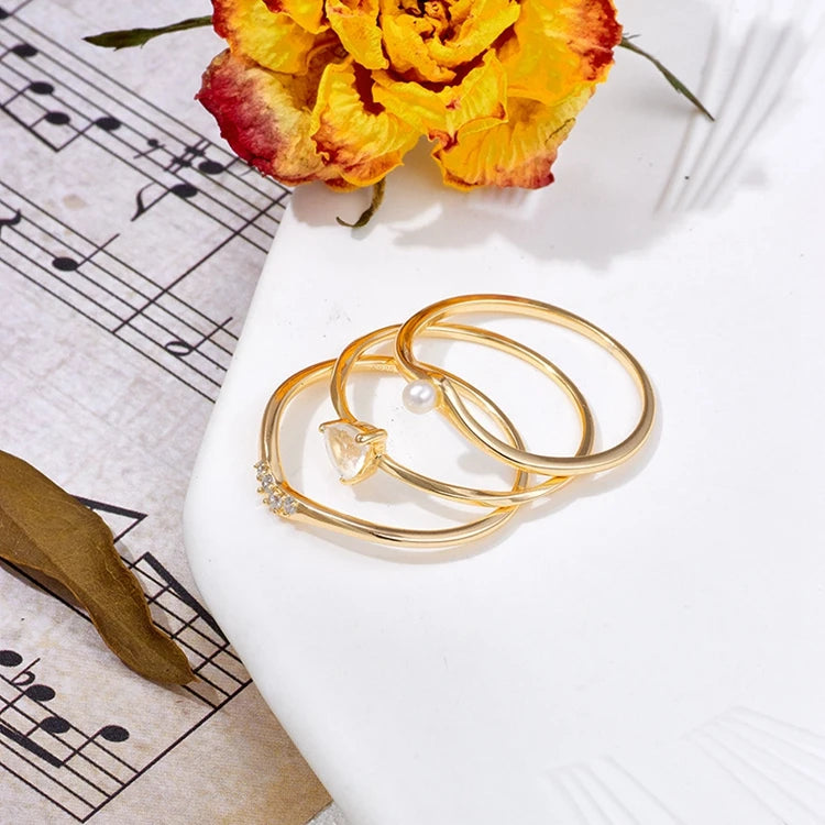 925 Sterling Silver 14K Gold Plated Gemstone Zircon White Crystal Natural Freshwater Pearls Three Piece Ring