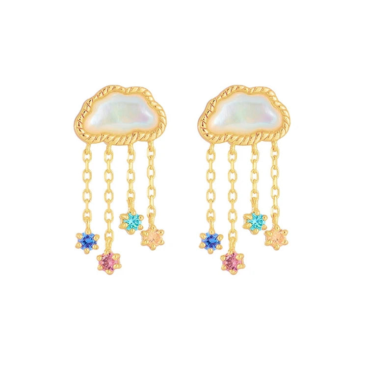 925 Sterling Silver 14K Gold Plated Gemstones Colorful Zirconia Tassel Stereoscopic Clouds White Butterfly Shell Earrings
