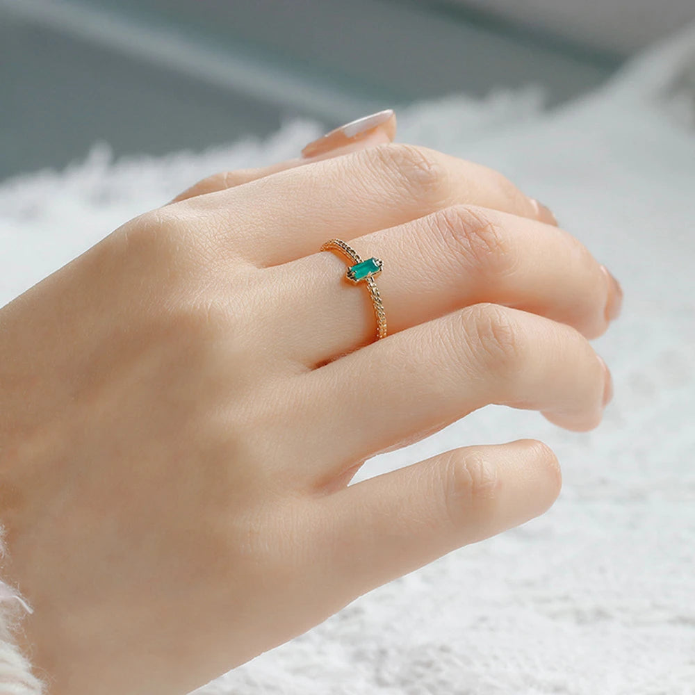 Emotional Factory 925 Sterling Silver 14K Gold Plated Geometrical Bar Green Natural Chalcedony Gem Stone Gemstone Ring
