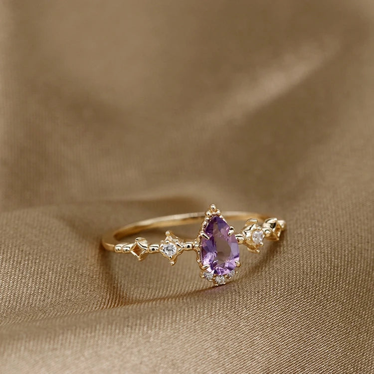 Gemstone Anel Feminino Emotional Factory 925 Sterling Silver 14K Gold Plated First Snow Ice Crystals Amethyst Thin Circle Ring