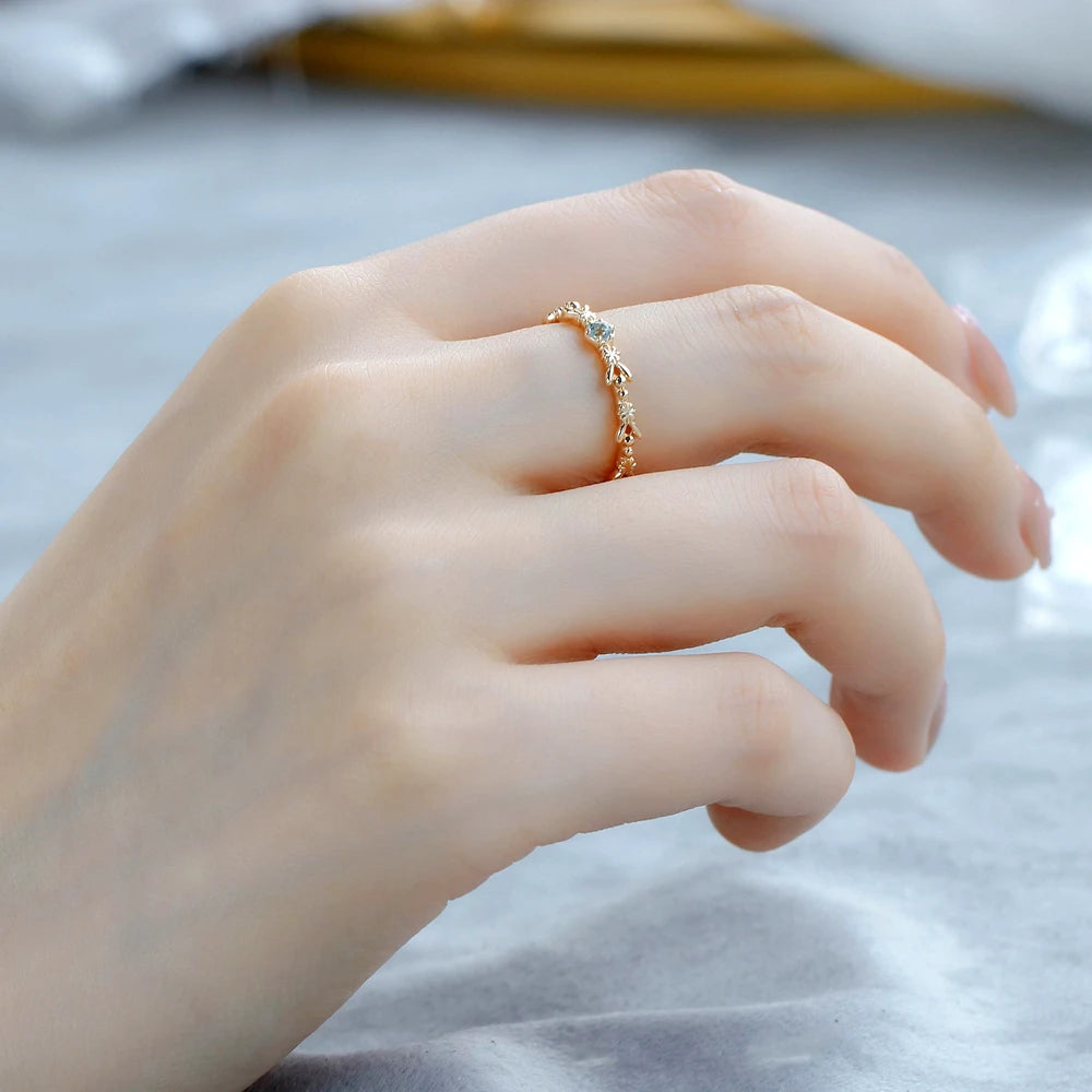 925 Sterling Silver 14K Gold Plated Gemstone Vintage Leaf Insect Elemental Aquamarine Ring