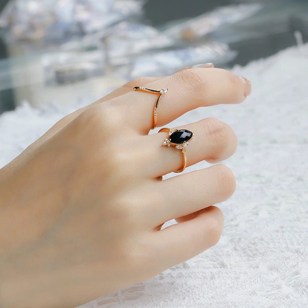 Emotional  925 Sterling Silver 14K Gold Plated Gem Stone Gemstone Zicon Black Agate Carnelian Onyx V Shaped Gem Stone Ring Set