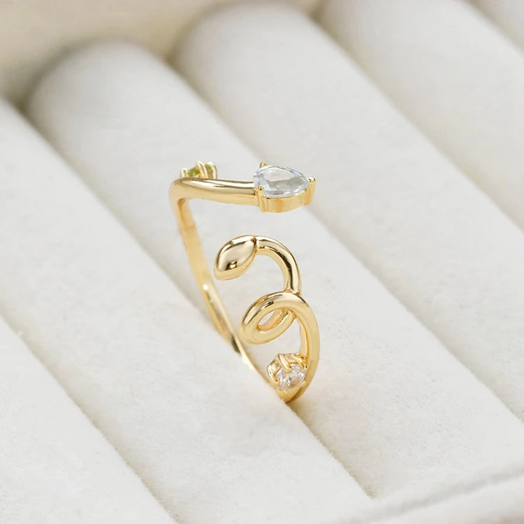 Emotional Factory 925 Sterling Silver 14K Gold Plated Gemstone Minimalist Lines Adjustable Opening Aquamaro Ring