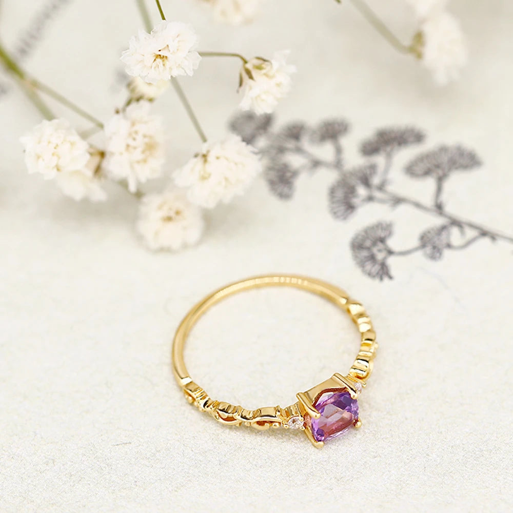 Factory 925 Sterling Silver 14K Gold Plated Gemstone Series 5Mm Square Stone Amethyst Court Flower Wispy White Zircon Ring
