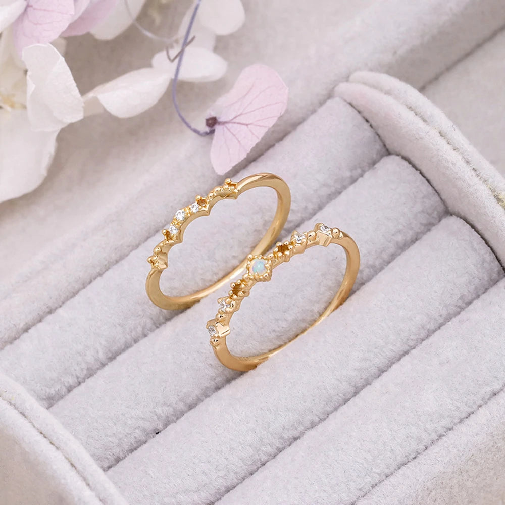 Bague Fleur 925 Sterling Silver 14K Gold Plated Gem Stone Gemstone Retro  Cz Zircon Australian Opal Two Piece Gem Stone Ring Set