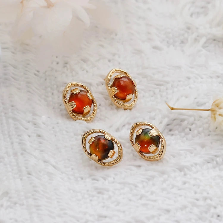 Emotional Factory 925 Sterling Silver 14K Gold Plated Gemstone Vintage Hollow Rock Crystal  Ammolite Earrings