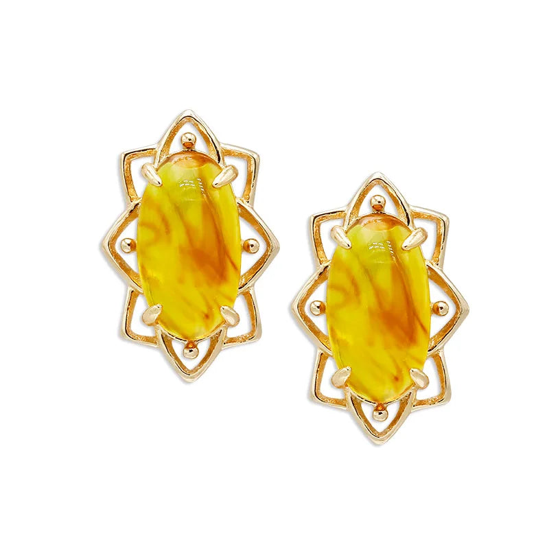 Emotional Factory 925 Sterling Silver 14K Gold Plated Gemstone Flowers Sun  Shaped Synthetic Amber Earrings