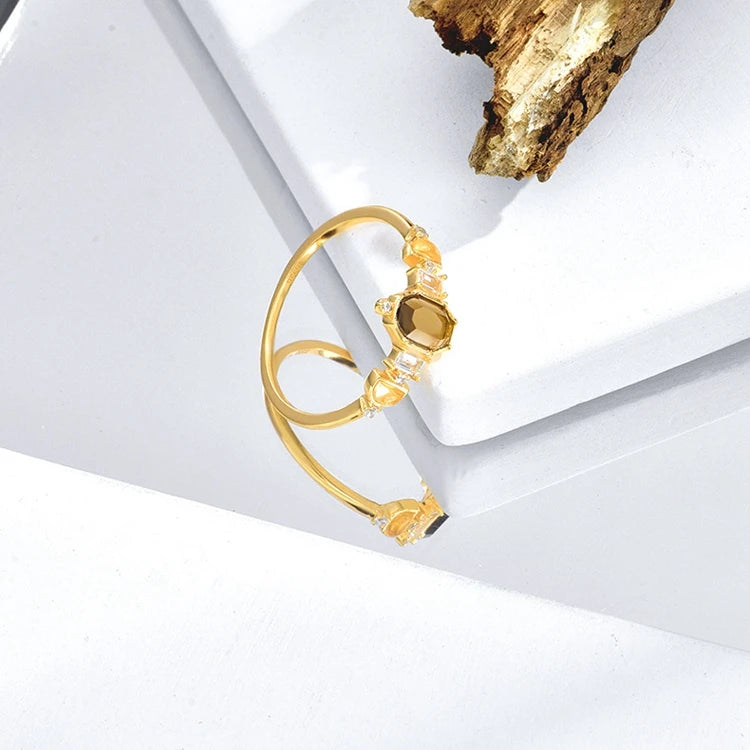 Emotional Bijoux or Factory 925 Sterling Silver 14K Gold Plated Gemstone Citrine White Topaz Hexagon Ring