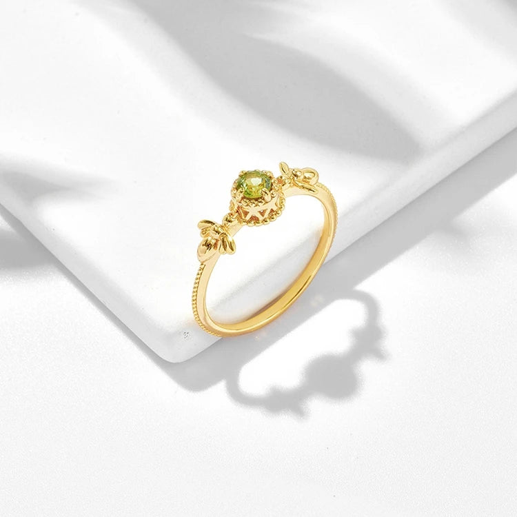 925 Sterling Silver 14K Gold Plated Gemstone Natural Peridot Animal Jewelry Bee Ring