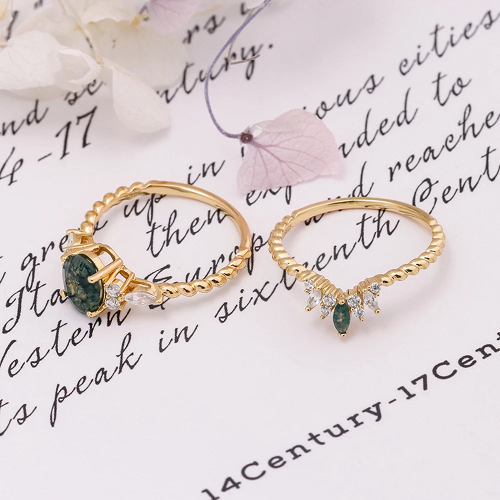 925 Sterling Silver 14K Gold Plated Gemstone Twist Cz Zircon Aqua Agate Two-Piece Gem Stone Ring Set