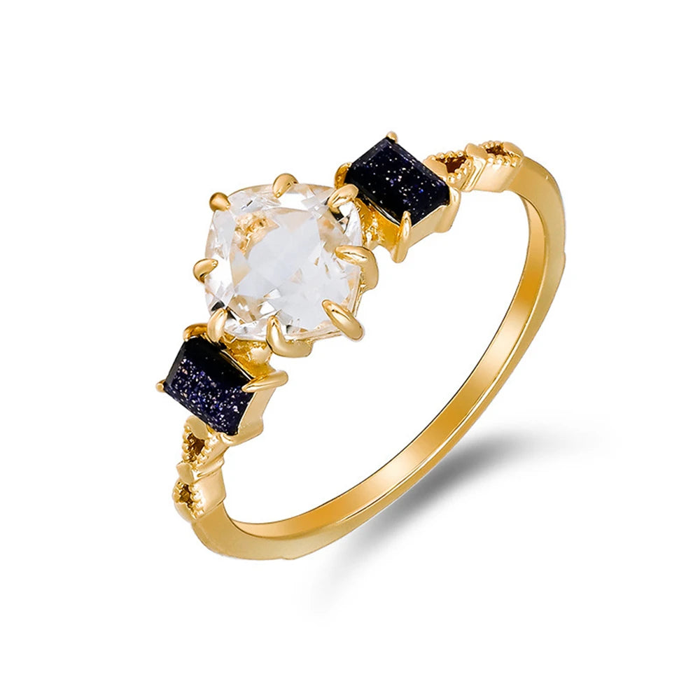 Emotional 925 Sterling Silver 14K Gold Plated Gem Stone Gemstone Geometric Square Round Blue Sandstone White Rock Crystal Ring