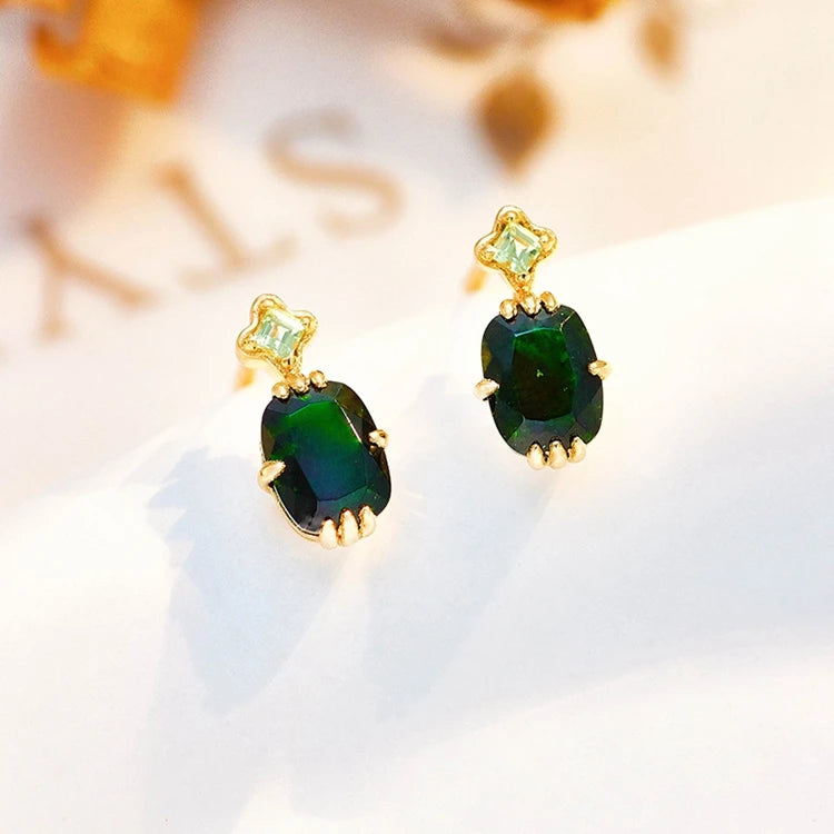 Emotional Factory 925 Sterling Silver 14K Gold Plated Gemstones Vintage Floral Pattern Green Aventurine Peridot Earrings