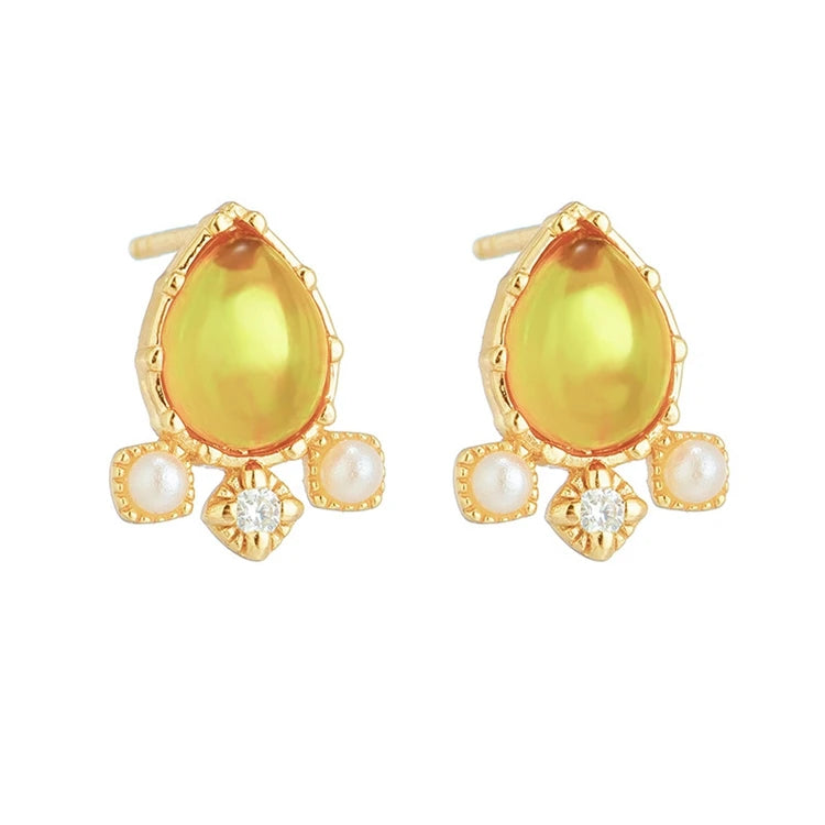 Emotional Factory 925 Sterling Silver 14K Gold Plated Gemstones Flowers Pendant Drop Amber Earrings