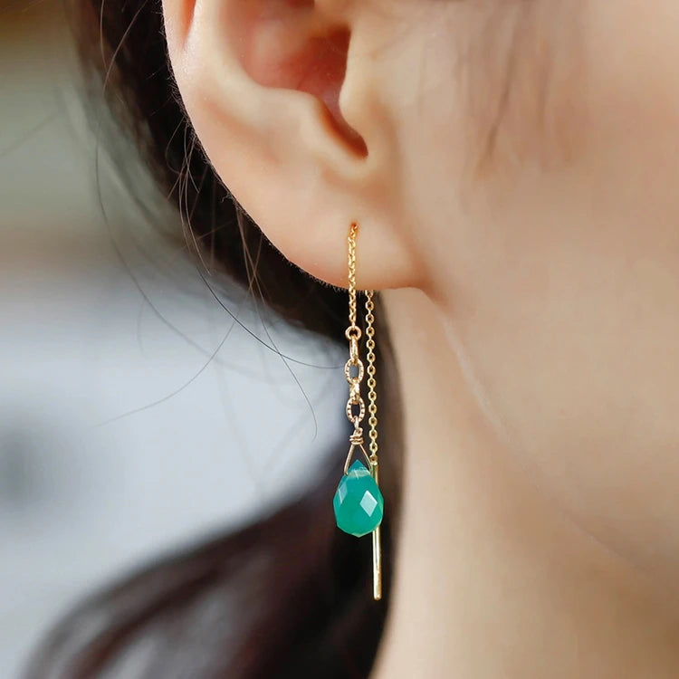 925 Sterling Silver 14K Gold Plated Gemstones Classical Wire Natural Green Chalcedony Vintage Ear Wires Earrings