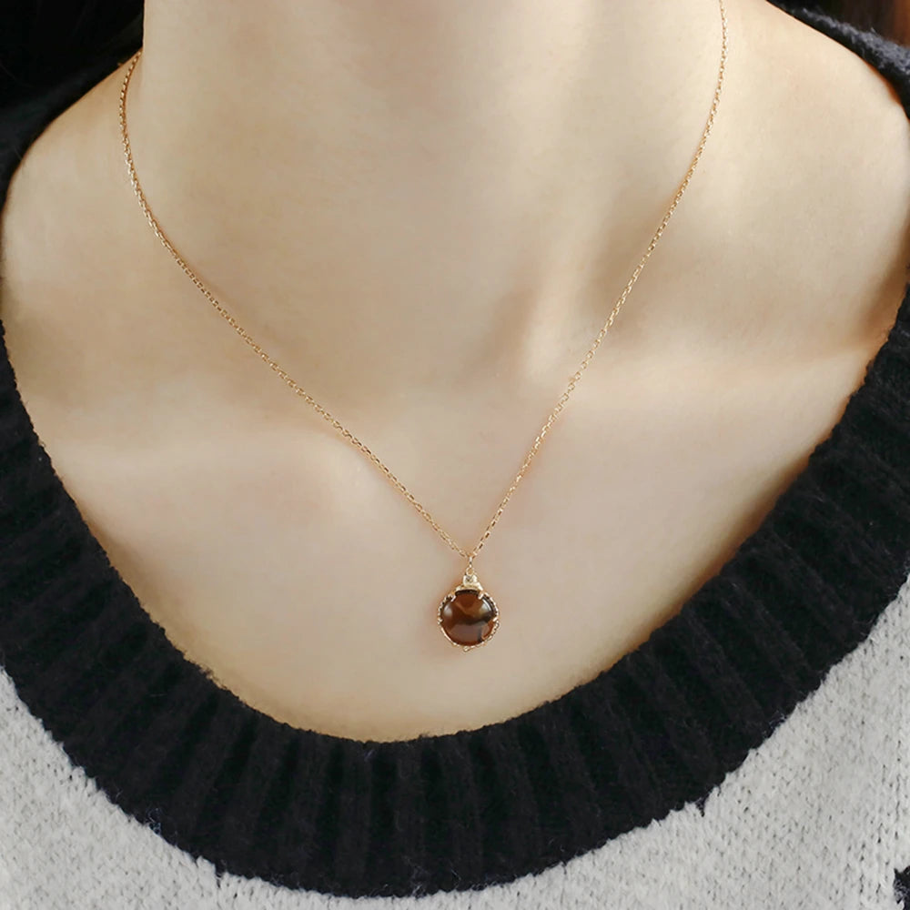 Emotional 925 Sterling Silver 14K Gold Plated Gemstone Cute Cat Golden Tea Crystals Necklace