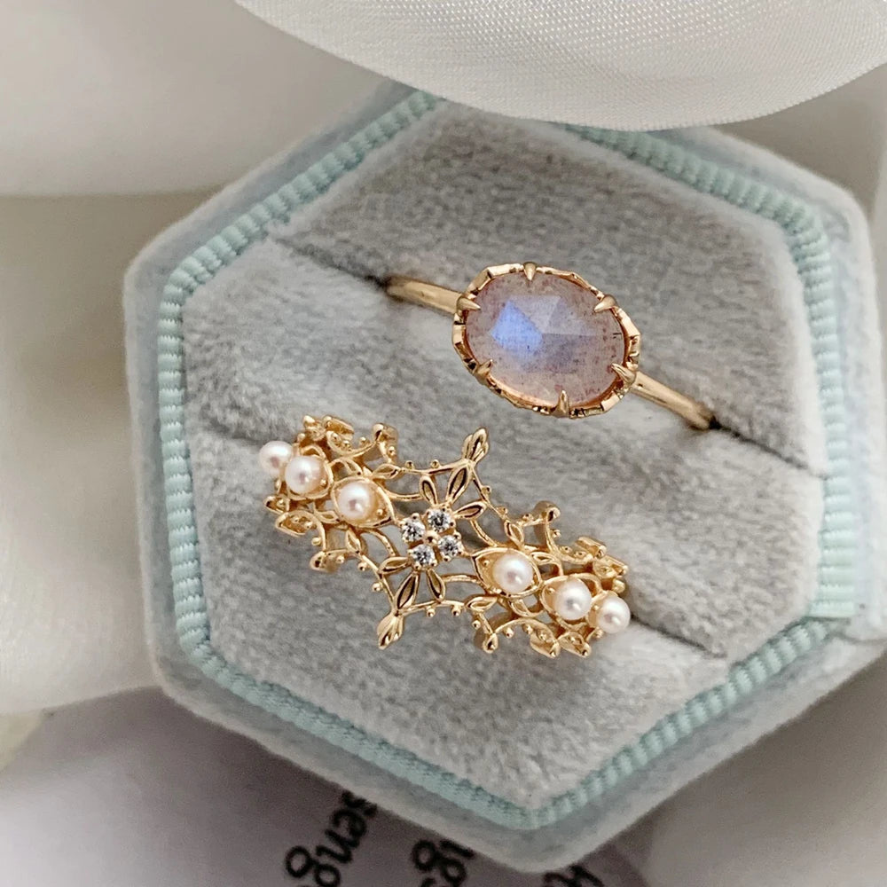 Emotional 925 Sterling Silver 14K Gold Plated Gem Stone Gemstone Ceramic Pattern Natural Labradorite Strawberry Crystal  Ring