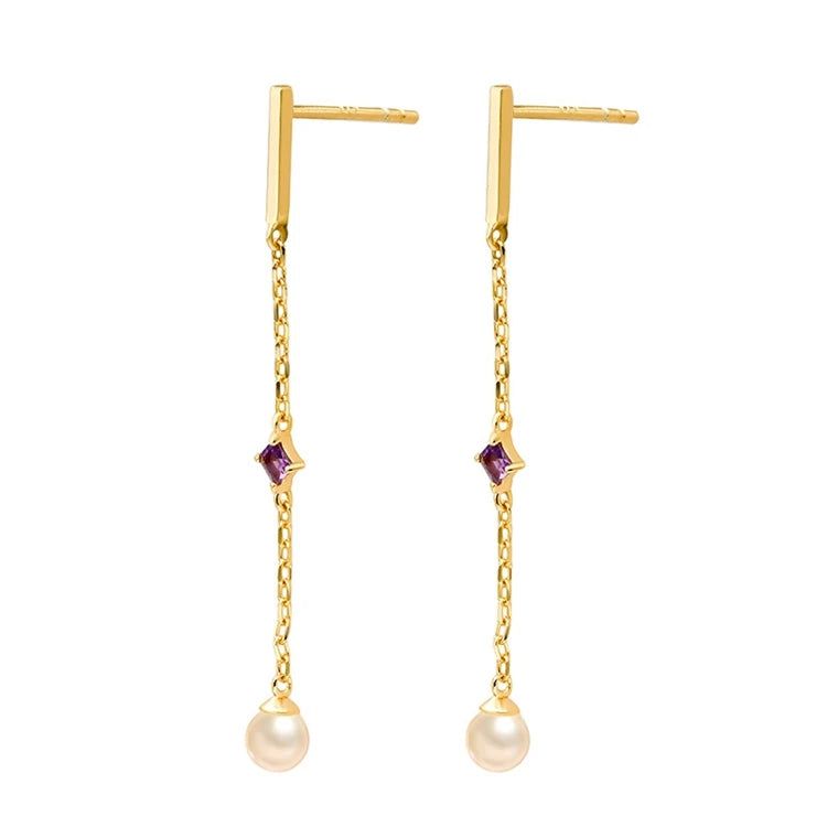 Emotional Factory 925 Sterling Silver 14K Gold Plated Gemstone Pearl Amethyst Tassels Stud Earrings