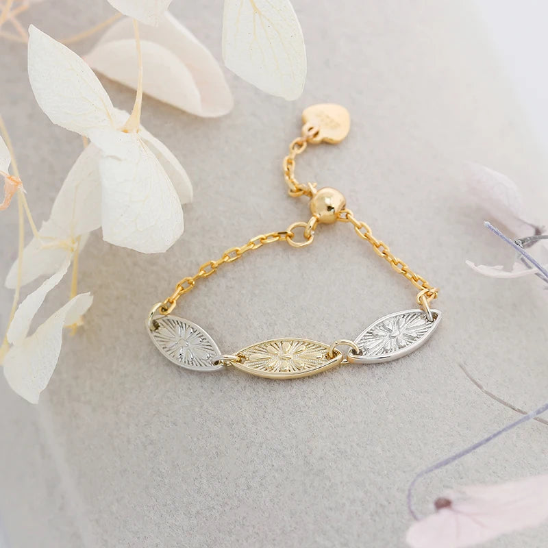 Vintage Carved Two Tone Leaf Adjustable Finger Chain S925 Silver Gold-plated Ring