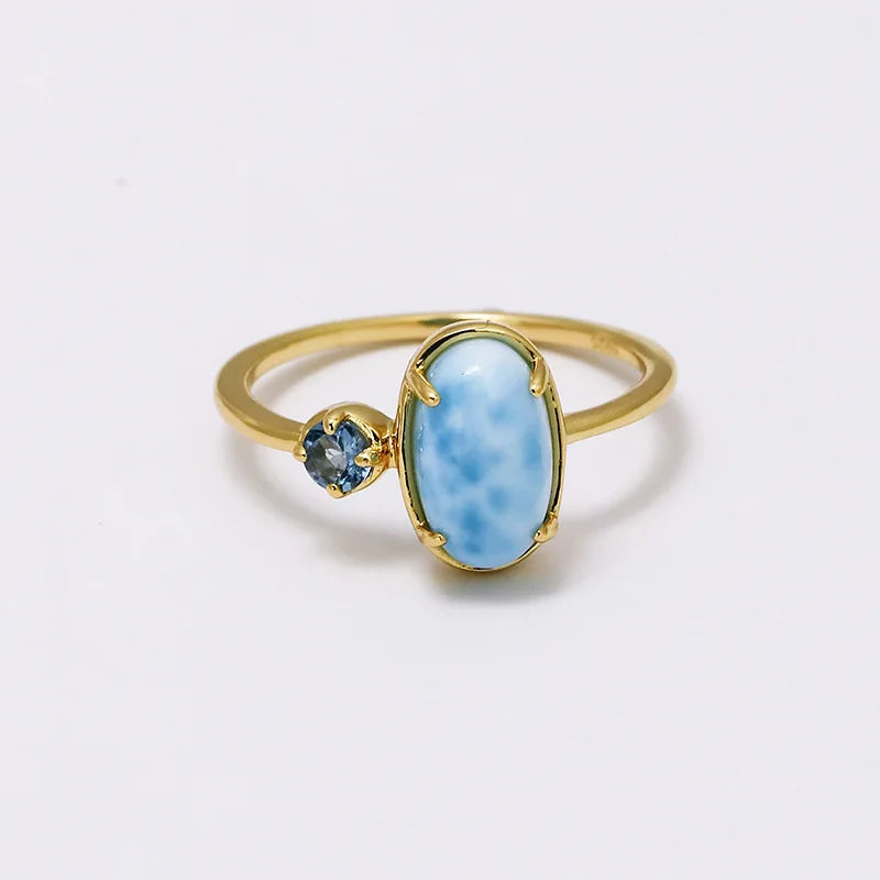 Emotional Bijoux Gold 925 Sterling Silver 14K Gold Plated Gemstone Geometric Oval London Blue Topaz Larimar Ring