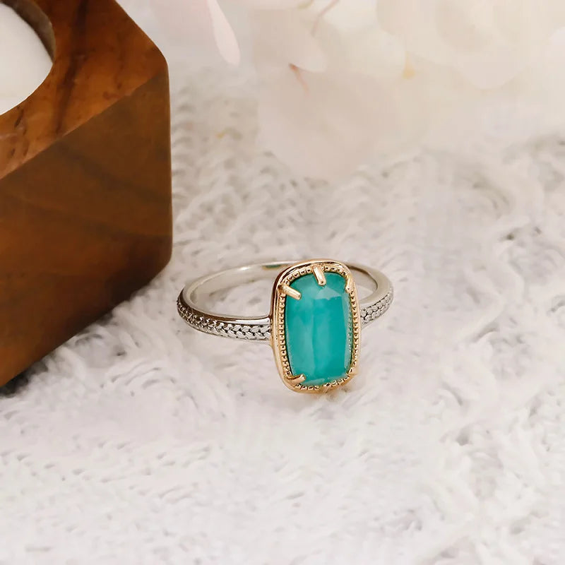 23Year French Retro S925Silver Plating14KGold Color Separation White Crystal/Turquoise Ring for Women