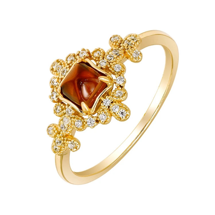 Emotional Factory 925 Sterling Silver 14K Gold Plated Gemstone Rutile Red Garnet Retro Style Zircon Ring