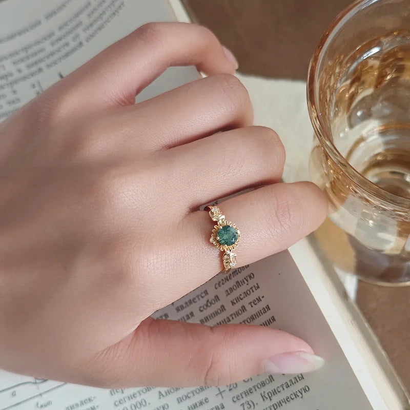 Emotional Factory 925 Sterling Silver 14K Gold Plated Gemstone Natural Sunflower Flowers Summer Sun Flower Moss Agate Ring