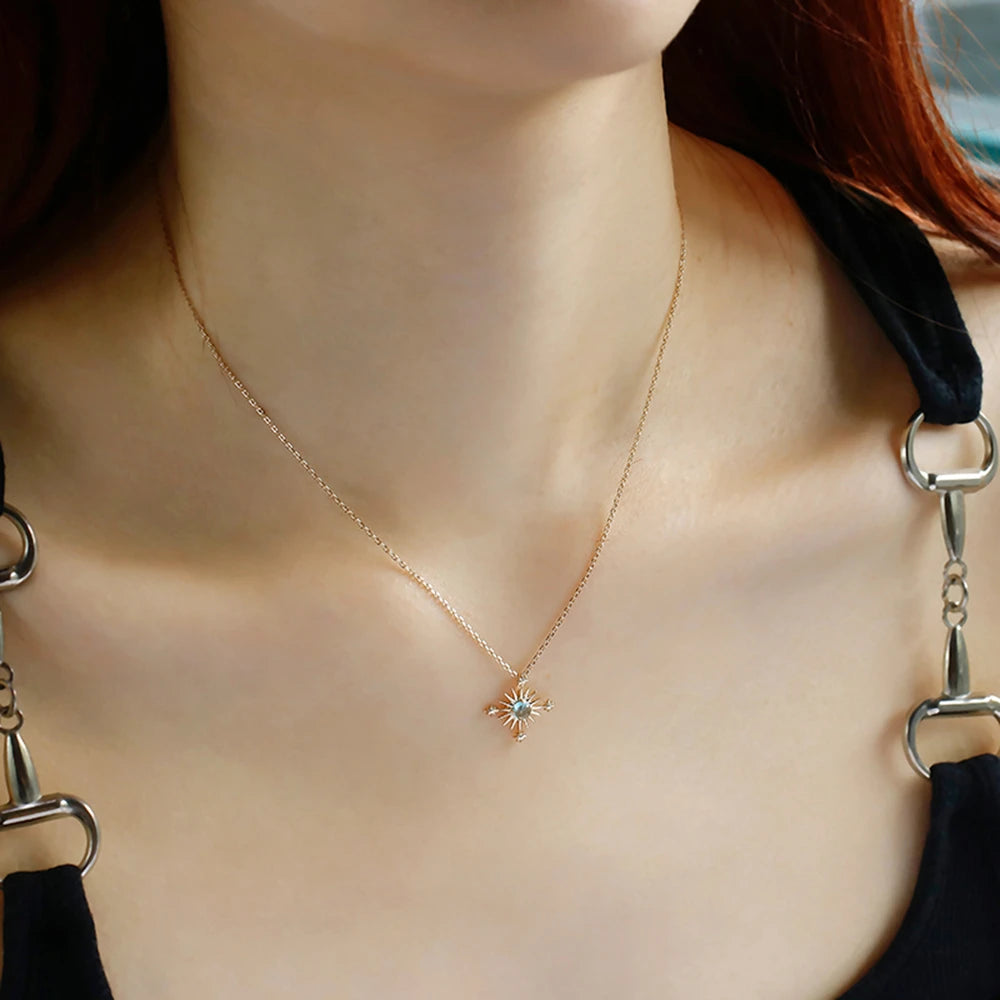 925 Sterling Silver 14K Gold Plated Gemstone Retro Hollow Sun Star Sunny Apatite Necklace
