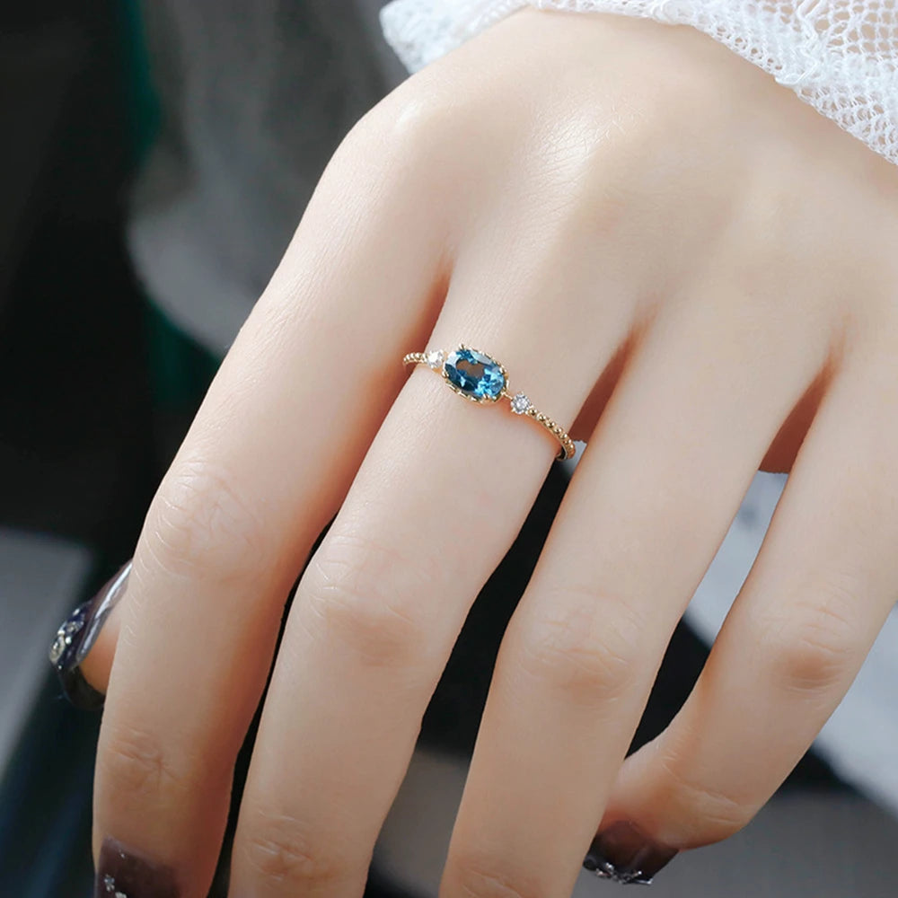 Emotional Factory 925 Sterling Silver 14K Gold Plated Natural Stone Gemstone Zircon Bead Blue Topaz Ring