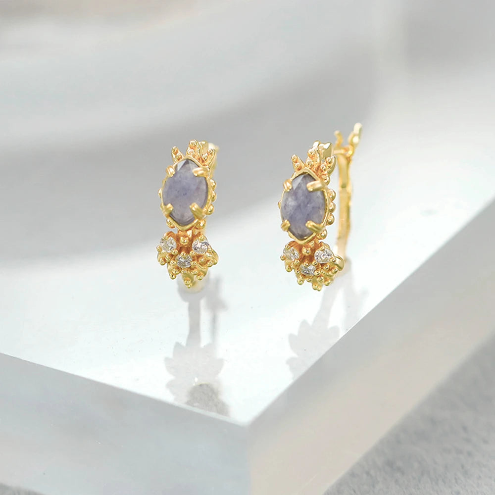 Emotional Factory 925 Sterling Silver 14K Gold Plated Gemstones Natural Cordierite Ring Zircon Labradorite Stud Earrings