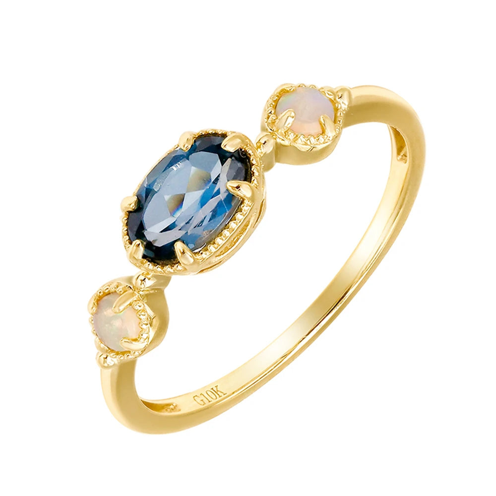Emotional Factory 925 Sterling Silver 14K Gold Plated Gemstone Series Blue Topaz Paw Set Stone Opal Ring