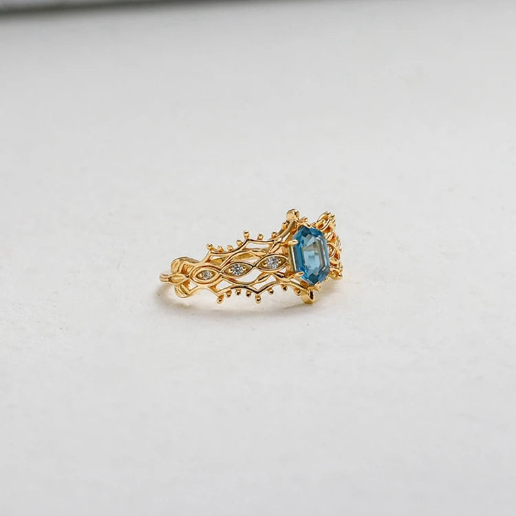 Emotional Factory 925 Sterling Silver 14K Gold Plated Gem Stone Gemstone Cz Zircon Geometric Lace London Blue Topaz Ring