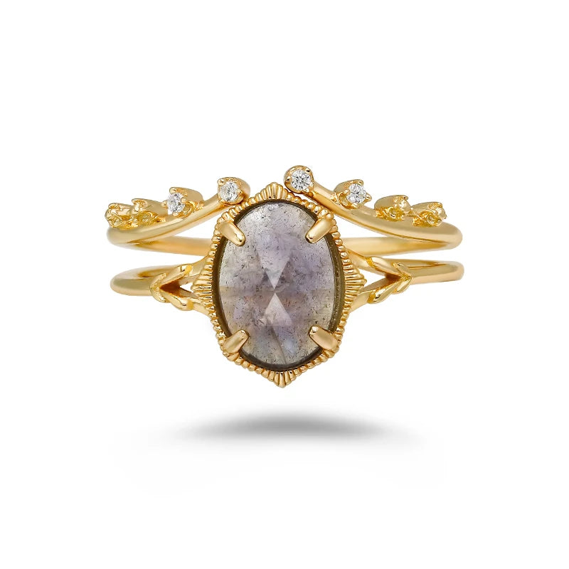 Japanese Light Luxury S925 Silver Plated 14K Gold Cordierite & Labradorite Stone Fine Ring