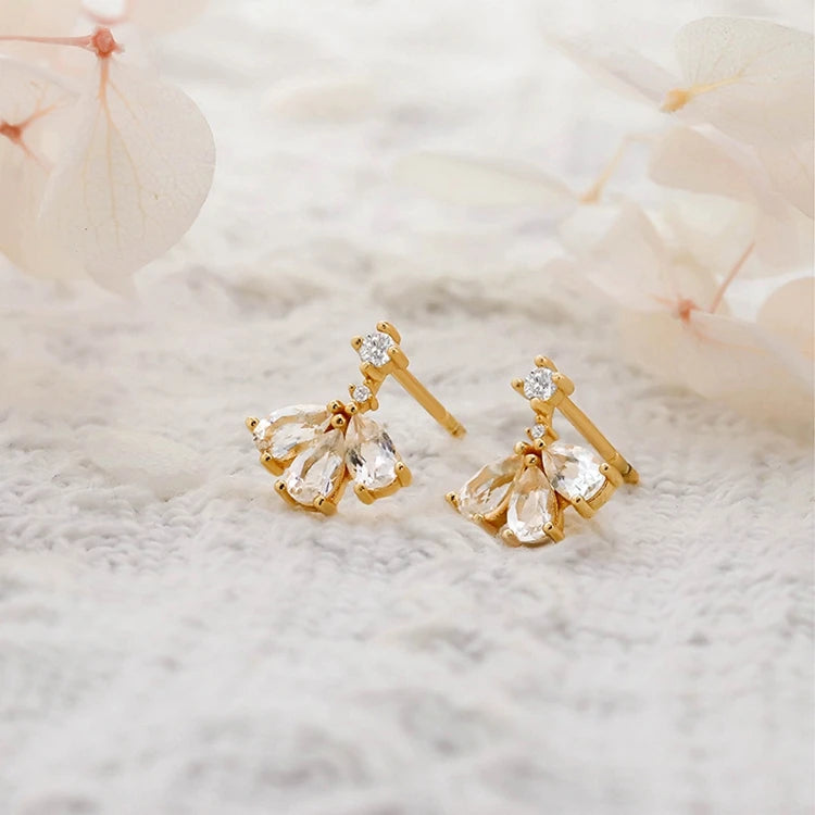 Emotional Factory 925 Sterling Silver 14K Gold Plated Gemstone Fan-Shaped Flower Petals White Topaz Earrings