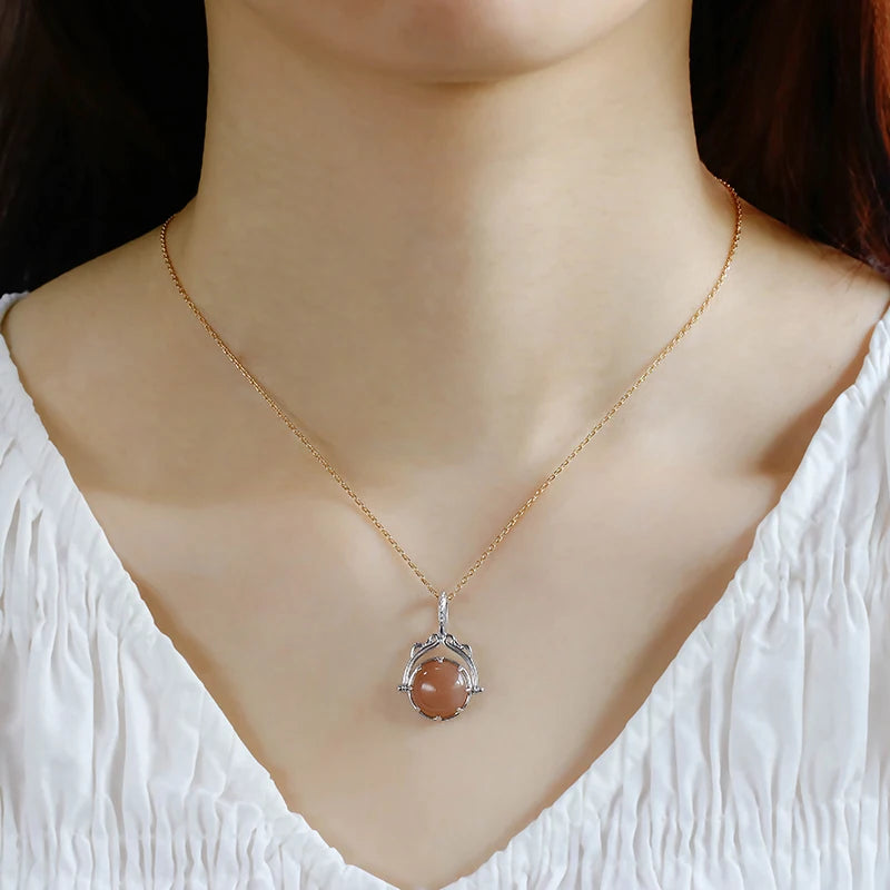 Retro Style S925 Reversible Double-Sided Orange Moonlight Pendant Exquisite Carved High Quality Necklace Pendant