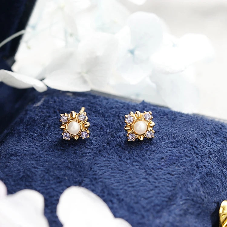 Emotional Factory 925 Sterling Silver 14K Gold Plated Gemstones Flower Rainbow Pearl Tanzanite Stone Earrings